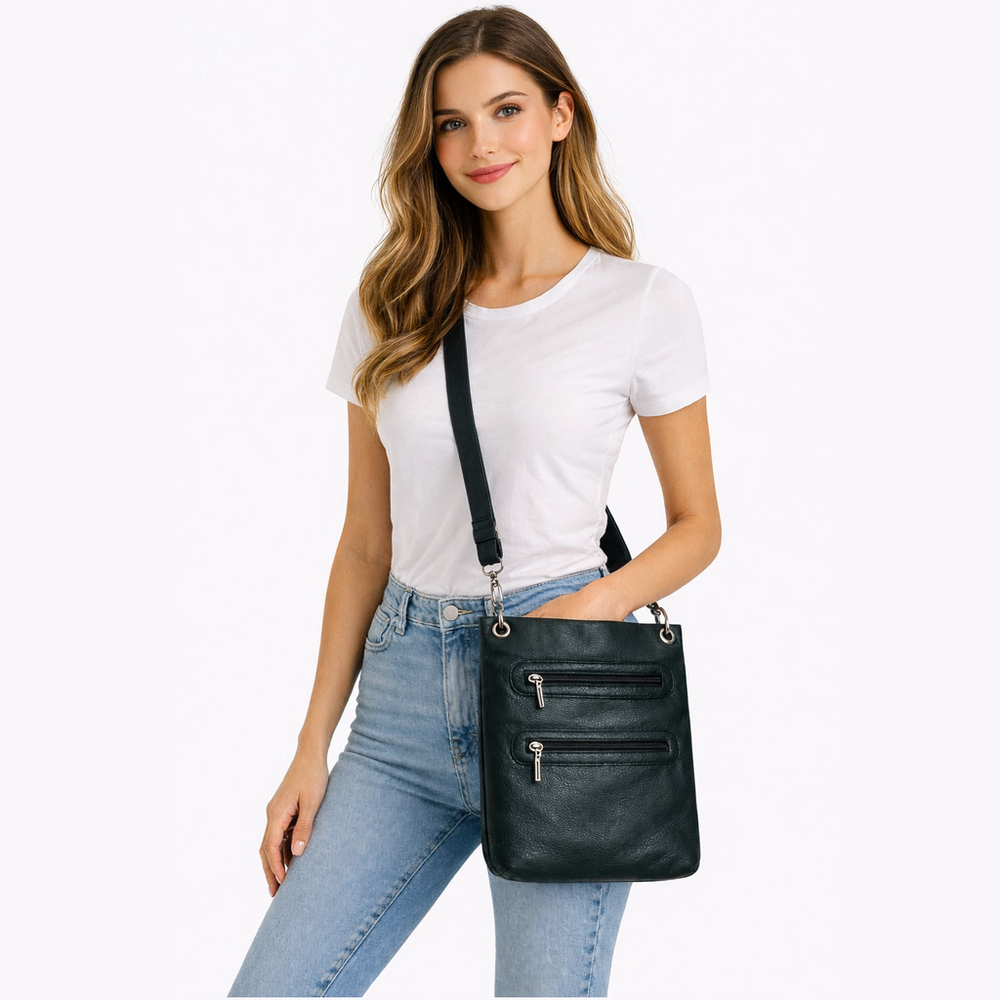 MARGOT Pebbled Leather Crossbody Bag Purse Slim Retro Green Black 10" x 12"
